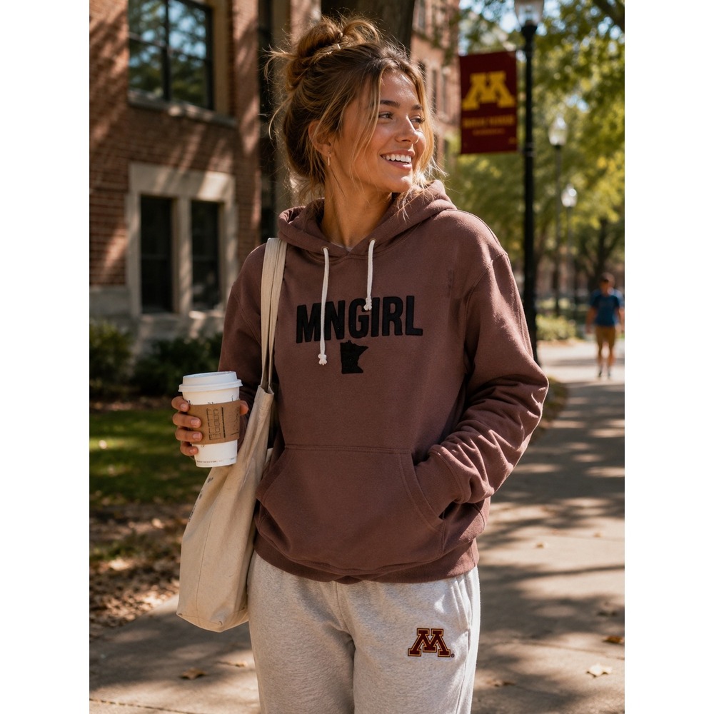 MN Girl Minnesota Hoodie Sweatshirt Brown Gorpcore Minimalist Embroidered Sz M
